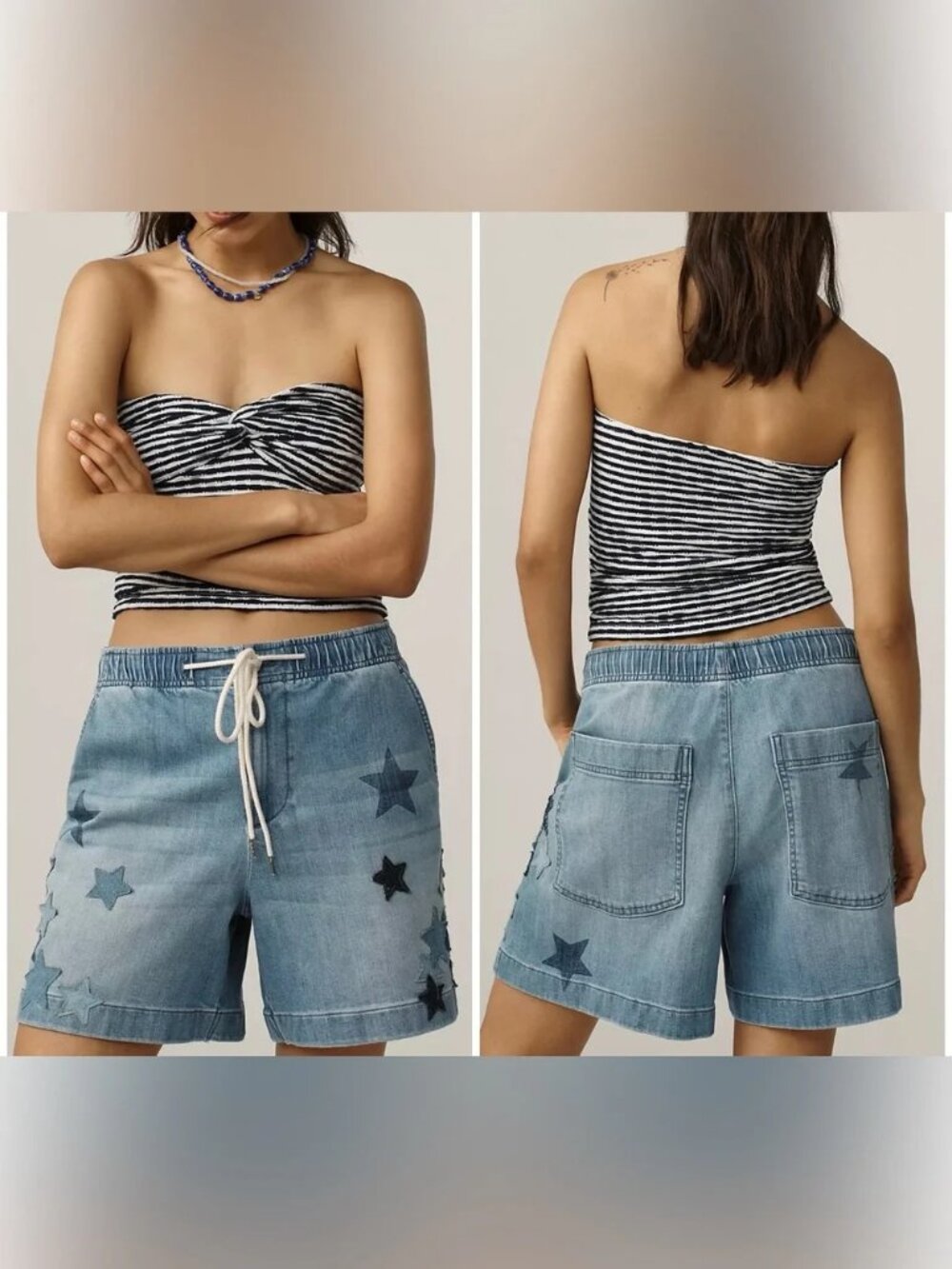 NEW Pilcro Anthropologie Star Drawstring Zipper Front Denim Shorts S